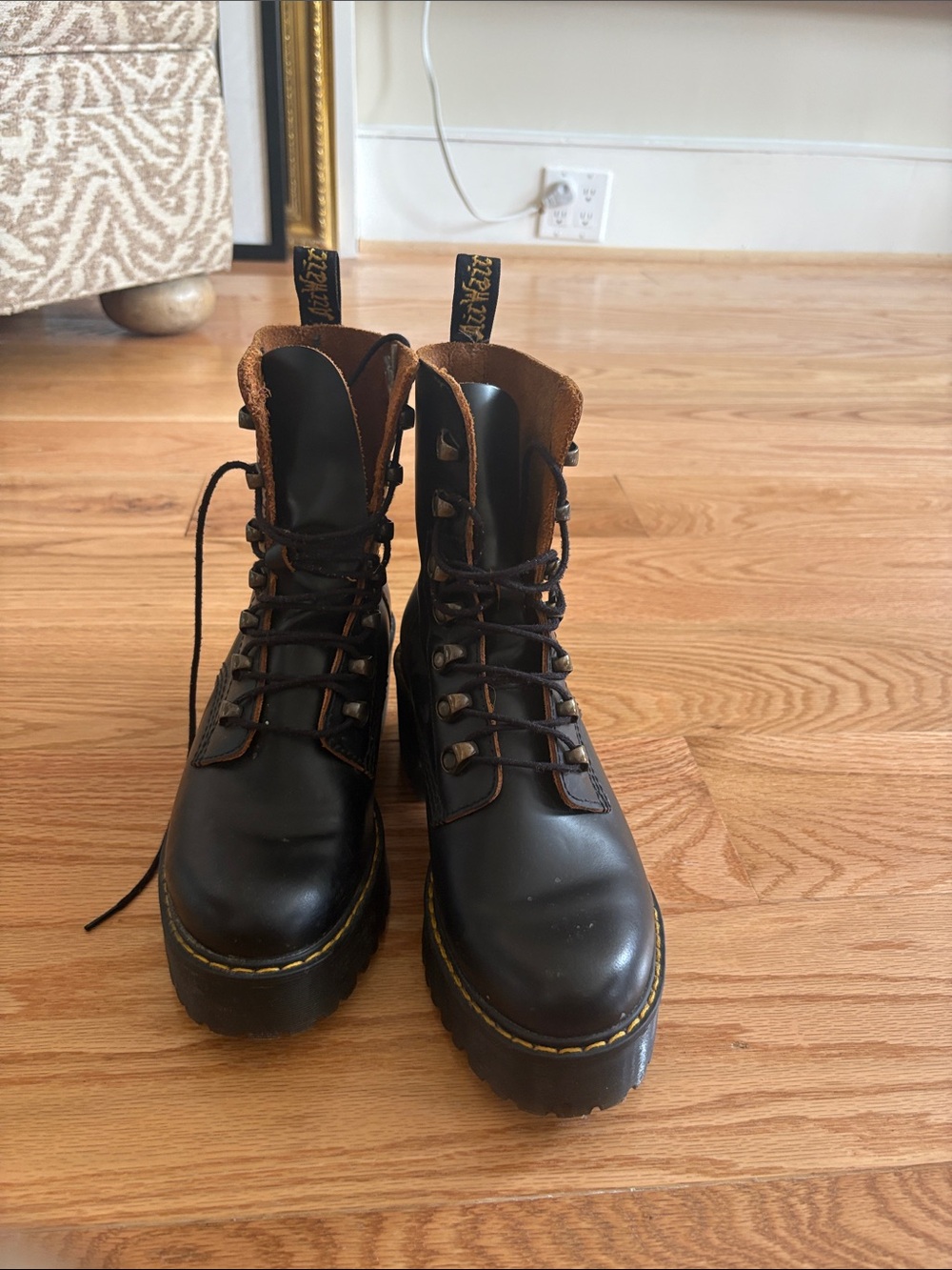 Dr. Martens Black Leather Platform Boots with Brown Trim